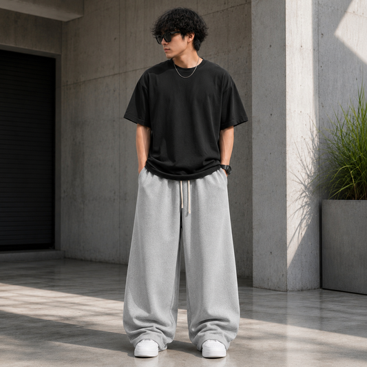 Classic Oversized Grey & Black Baggy Sweatpants | Wide-Leg Streetwear Joggers