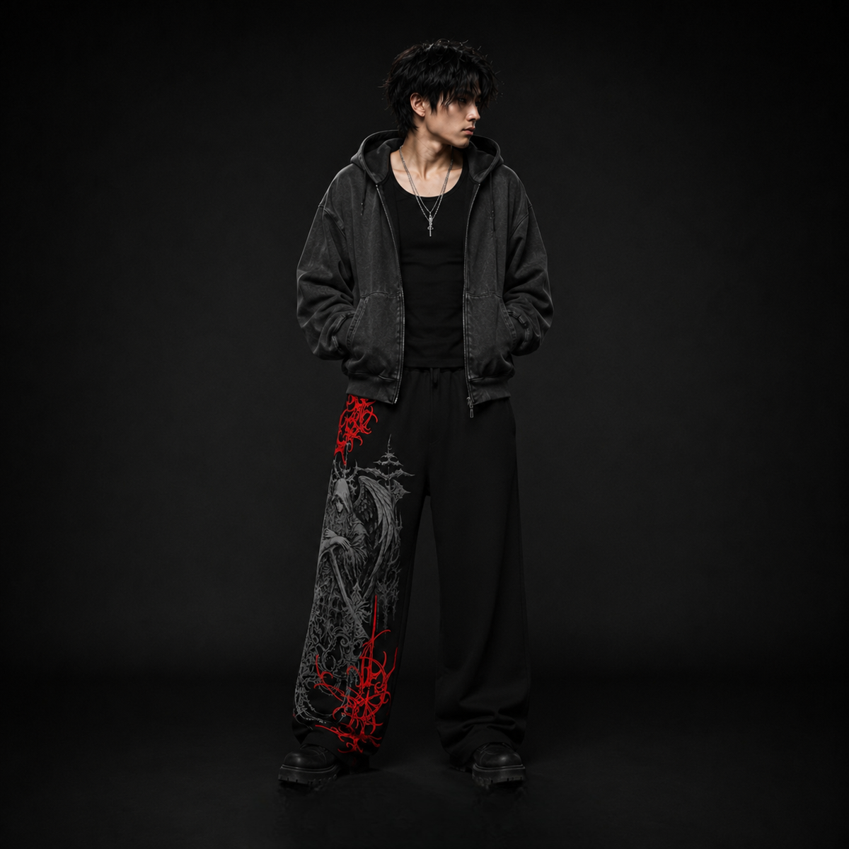 Black Gothic Reaper Red Graphic Oversized Track Pants