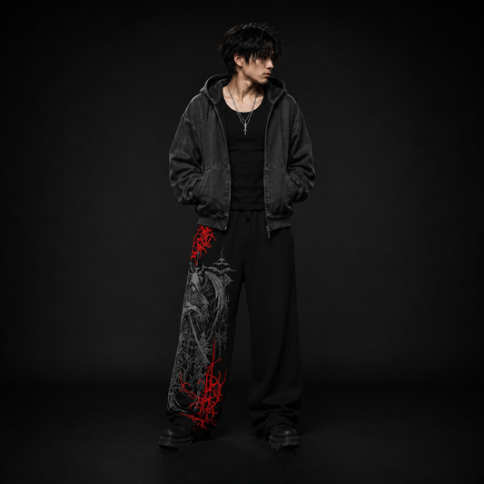 Black Gothic Reaper Red Graphic Oversized Track Pants