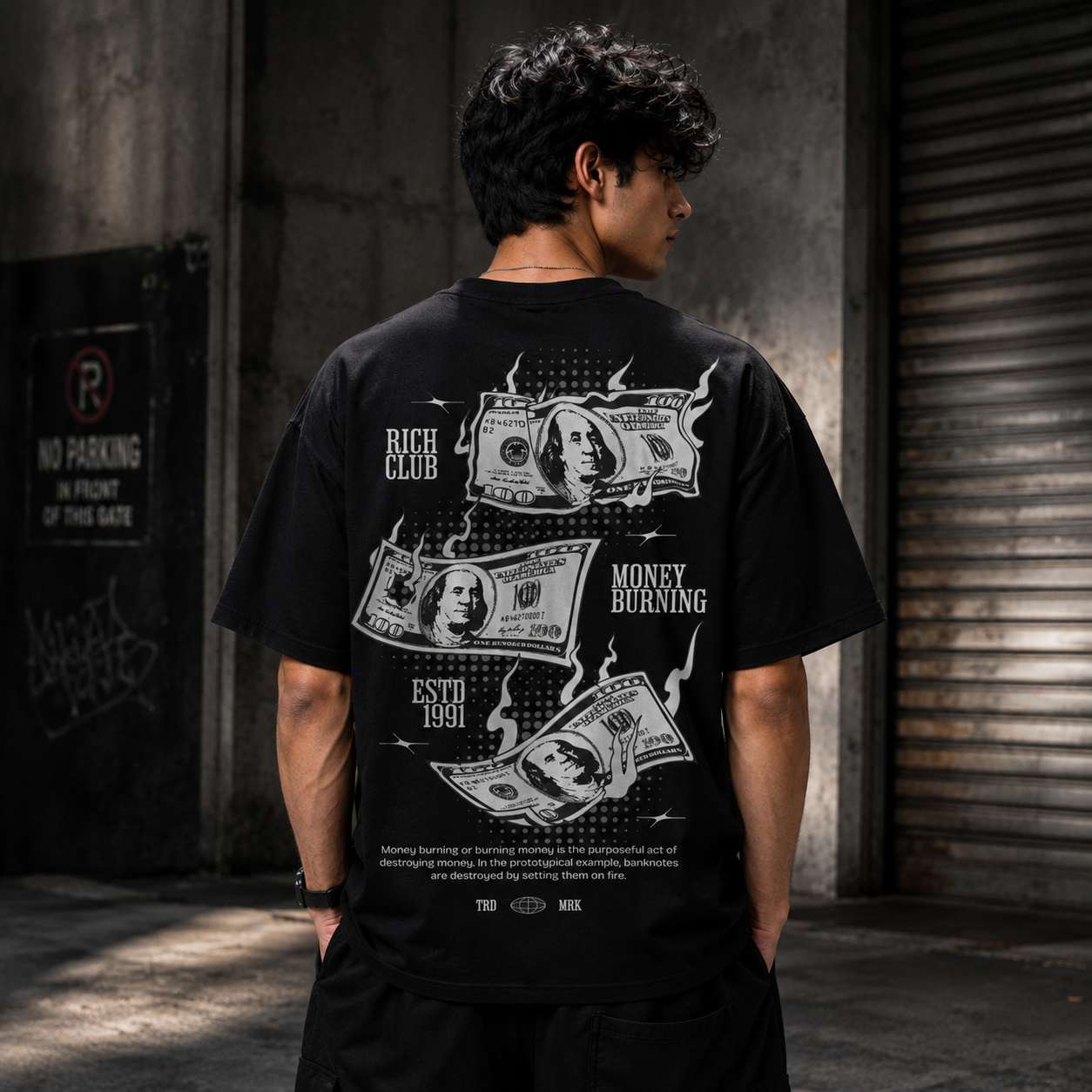 Money Burning Rich Club Oversized Black T-Shirt | Vintage Graphic Tee