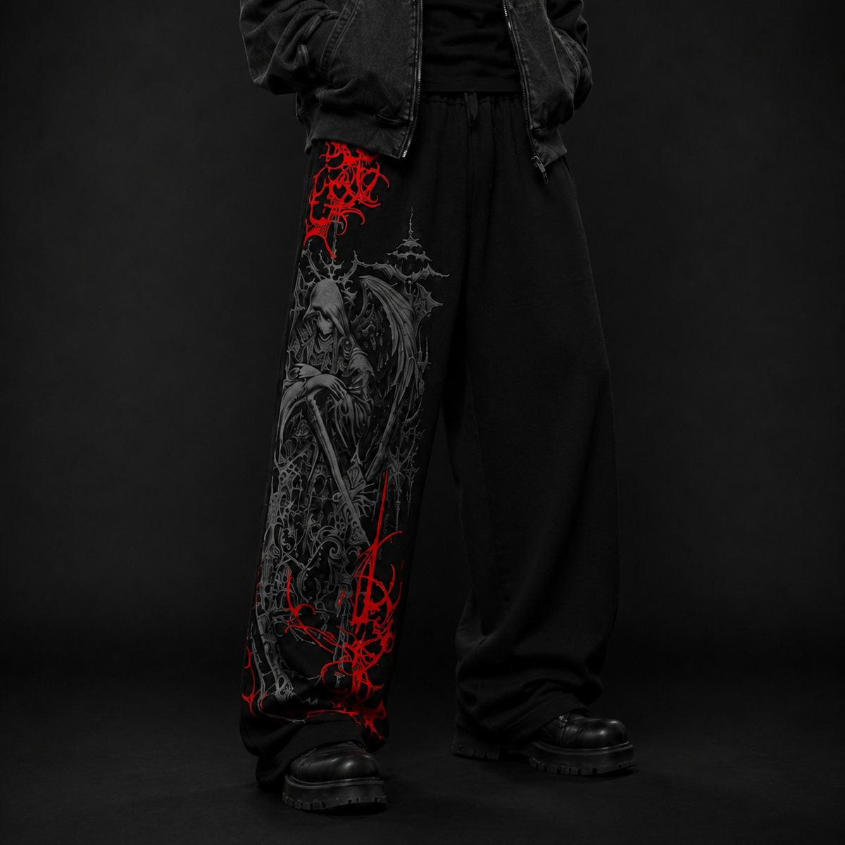 Black Gothic Reaper Red Graphic Oversized Track Pants