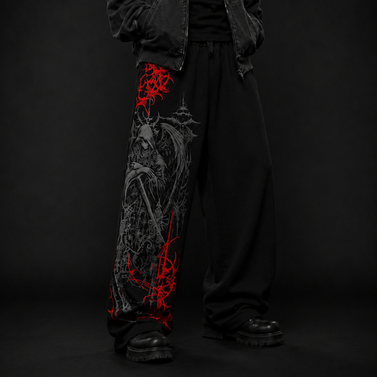 Black Gothic Reaper Red Graphic Oversized Track Pants