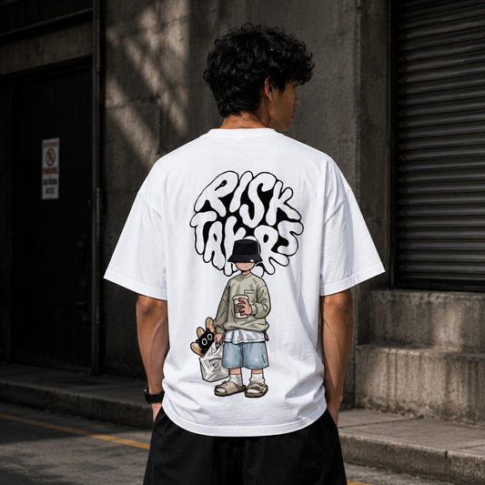 Risk Takers Graphic Oversized White T-Shirt | Urban Streetwear Tee